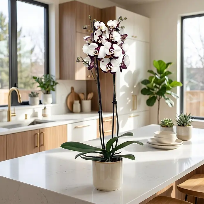 Piardino Schmetterlingsorchidee 2 Risper Polka Dots - Phalaenopsis Hybride, Topfgröße: 12 cm, Weiß mit dunkelvioletten Punkten - Elegante Phalaenopsis Orchidee mit weißen und lila Blüten in einem beigen Keramiktopf auf einer modernen Kücheninsel.