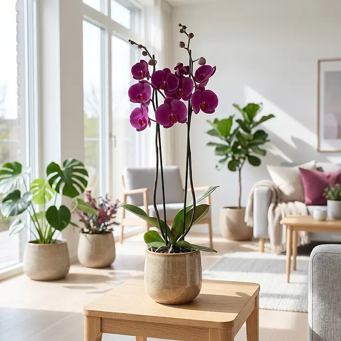 Piardino Schmetterlingsorchidee 2 Risper Joyride - Phalaenopsis Hybride, Topfgröße: 12 cm, Dunkelviolett - Tief violette Orchidee mit grünen Blättern in einem strukturierten beigen Keramiktopf auf einem Holztisch in einem hellen Wohnzimmer.