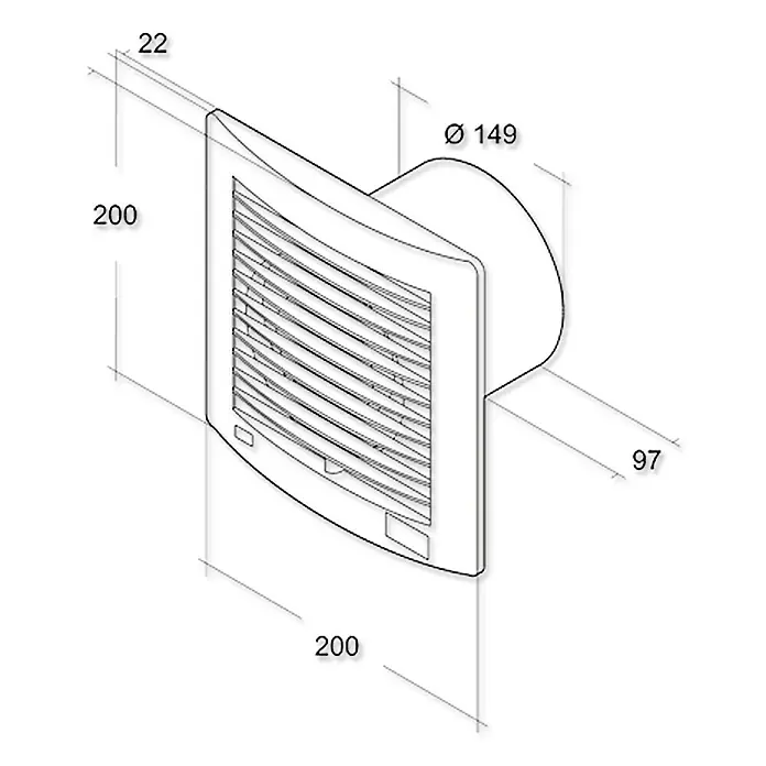 Air-Circle Wandventilator Air Style - Luftleistung: 295 m³/h, Edelstahl, Durchmesser: 15 cm, Economic-Timer - Abbildung eines Abluftventilators mit den Maßen 200 x 200 mm, einer Tiefe von 97 mm und einem Durchmesser von 149 mm.