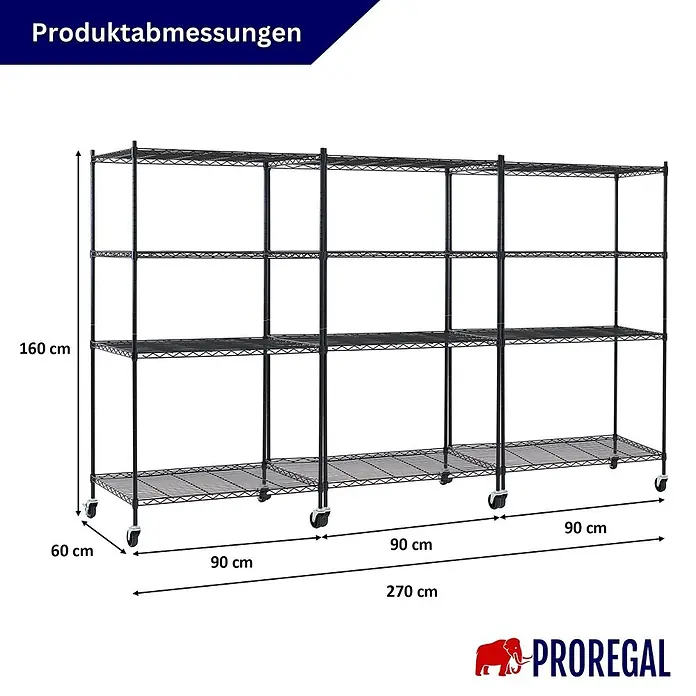 Proregal Metallregal 3er Set Gitterregal HADES mit Rollen - H x B x T: 160 x 90 x 60 cm, Traglast pro Boden: 75 kg, Anzahl Böden: 4 Stk., Stecken, Schwarz - Schwarzes Metallgitterregal auf Rollen mit den Maßen: 160 cm Höhe, 60 cm Tiefe, 270 cm Gesamtbreite.