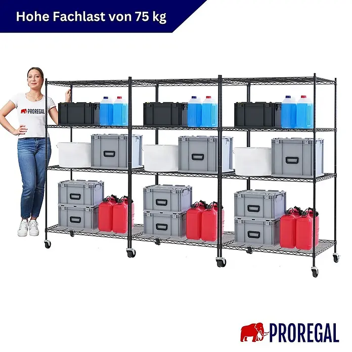 Proregal Metallregal 3er Set Gitterregal HADES mit Rollen - H x B x T: 160 x 90 x 60 cm, Traglast pro Boden: 75 kg, Anzahl Böden: 4 Stk., Stecken, Schwarz - Schwarzes Drahtregal mit Lagerbehältern und einer Frau zur Größenreferenz, hebt 75 kg Traglast hervor.