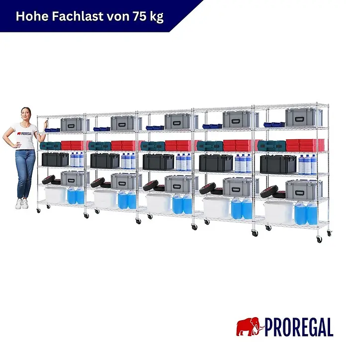 Proregal Metallregal 5er Set Gitterregal HADES mit Rollen - H x B x T: 160 x 90 x 40 cm, Traglast pro Boden: 75 kg, Anzahl Böden: 6 Stk., Stecken, Chrom Silber - Verchromte Metallregale auf Rollen, gefüllt mit Lagerbehältern. Eine Frau daneben zeigt die Größe und die hohe Fachlast von 75 kg.