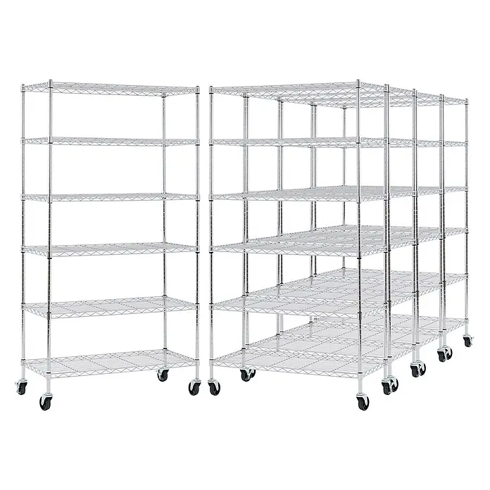 Proregal Metallregal 5er Set Gitterregal HADES mit Rollen - H x B x T: 160 x 90 x 40 cm, Traglast pro Boden: 75 kg, Anzahl Böden: 6 Stk., Stecken, Chrom Silber - Zwei verchromte Drahtregale, eines gerade, eines schräg, mit mehreren Ebenen und Rollen für vielseitige Lagerung.