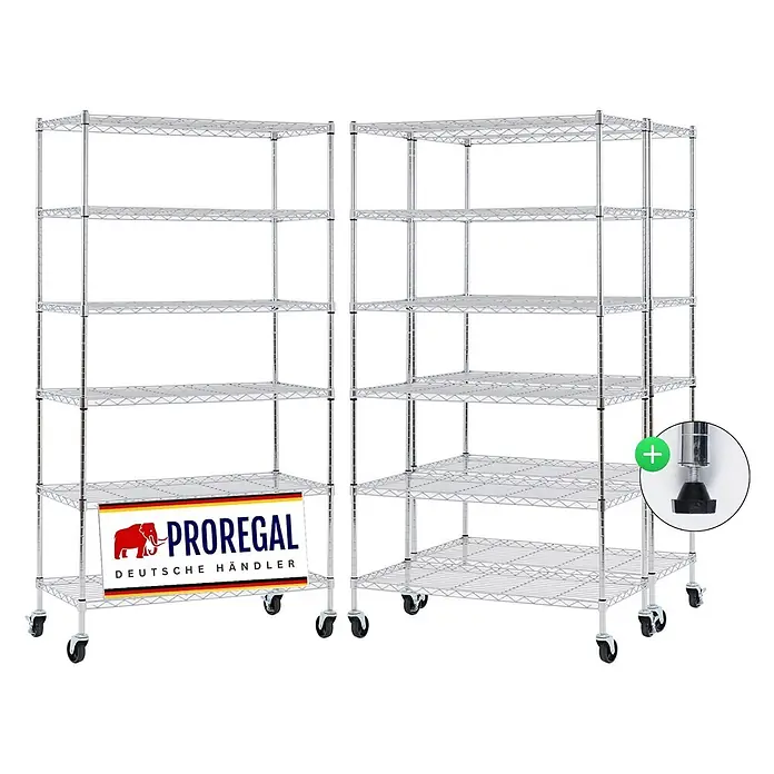 Proregal Metallregal 3er Set Gitterregal HADES mit Rollen - H x B x T: 160 x 90 x 40 cm, Traglast pro Boden: 75 kg, Anzahl Böden: 6 Stk., Stecken, Chrom Silber - Zwei verchromte Drahtregale; beide haben Rollen, das linke trägt ein 'PREREGAL' Logo, und eine verstellbare Fußoption ist gezeigt.
