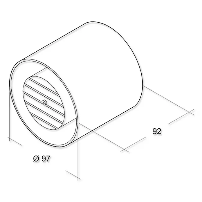 Air-Circle Rohreinschub-Ventilator - 10 cm, Weiß - Abbildung eines zylindrischen Lüftungsgitters mit den Maßen Ø 97 und 92, dargestellt in einer technischen Zeichnung. Ideal zur Illustration technischer Daten.