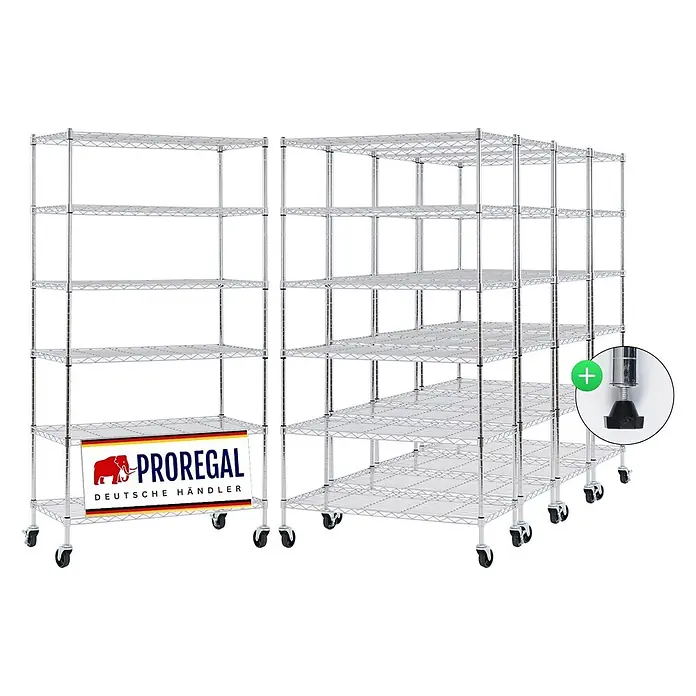 Proregal Metallregal 5er Set Gitterregal HADES mit Rollen - H x B x T: 160 x 90 x 40 cm, Traglast pro Boden: 75 kg, Anzahl Böden: 6 Stk., Stecken, Chrom Silber - Modulares silbernes Drahtregalsystem mit Rollen und verstellbaren Füßen für vielseitige Lagerung.
