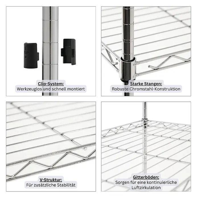 Proregal Metallregal 5er Set Gitterregal HADES mit Rollen - Traglast pro Boden: 75 kg, Anzahl Böden: 5 Stk., Stecken, Chrom Silber - Chromfarbenes Drahtregal mit werkzeuglosem Clip-System, robuster Chromstahl-Konstruktion, V-Struktur und Gitterböden für Luftzirkulation.