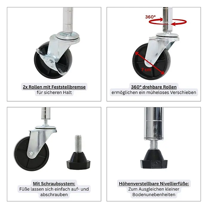 Proregal Metallregal 5er Set Gitterregal HADES mit Rollen - Traglast pro Boden: 75 kg, Anzahl Böden: 5 Stk., Stecken, Chrom Silber - Schwarze Rollen mit Feststellbremse und 360° drehbar, sowie höhenverstellbare Nivellierfüße mit Schraubsystem.