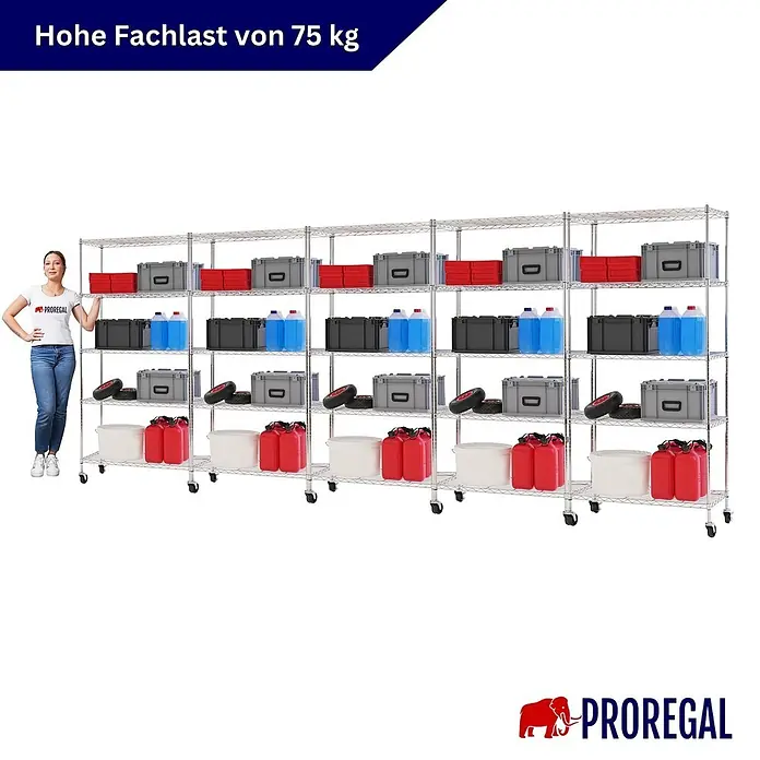 Proregal Metallregal 5er Set Gitterregal HADES mit Rollen - Traglast pro Boden: 75 kg, Anzahl Böden: 5 Stk., Stecken, Chrom Silber - Mobiles verchromtes Drahtregal, 75 kg Fachlast. Frau als Maßstab mit gelagerten Gegenständen.