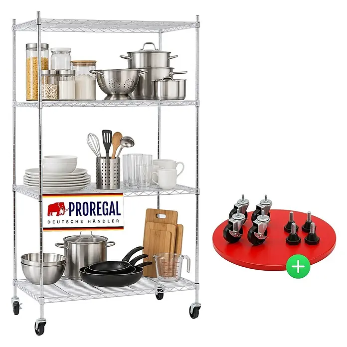 Proregal Metallregal Gitterregal HADES mit Rollen - H x B x T: 160 x 90 x 60 cm, Traglast pro Boden: 75 kg, Anzahl Böden: 4 Stk., Stecken, Chrom Silber - 4-etagiges Chrom-Drahtregal mit Küchenutensilien, inklusive Rollen und Nivellierfüßen.
