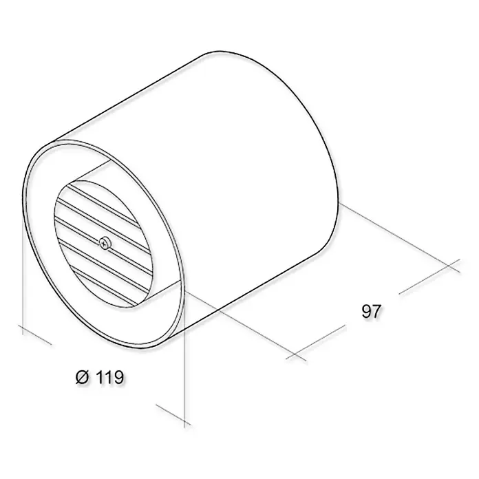 Air-Circle Rohreinschub-Ventilator - 12,5 cm, Weiß - Skizze eines zylindrischen Lüftungsgeräts mit den Maßen Ø 119 und 97. Perfekt für technische Zeichnungen und Produktdesign.