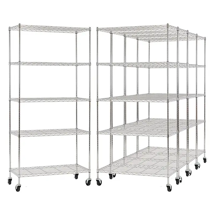 Proregal Metallregal 5er Set Gitterregal HADES mit Rollen - Traglast pro Boden: 75 kg, Anzahl Böden: 5 Stk., Stecken, Chrom Silber - Zwei mobile Chromdraht-Regaleinheiten, eine gerade und eine L-förmig, für vielseitige Lagerung.