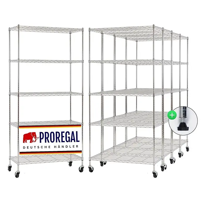 Proregal Metallregal 5er Set Gitterregal HADES mit Rollen - Traglast pro Boden: 75 kg, Anzahl Böden: 5 Stk., Stecken, Chrom Silber - Zwei modulare Chrom-Drahtregale mit mehreren Ablagen und Rollen für flexible Aufbewahrung.