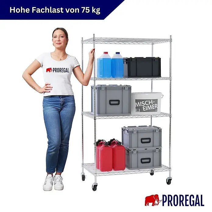 Proregal Metallregal Gitterregal HADES mit Rollen - H x B x T: 160 x 90 x 60 cm, Traglast pro Boden: 75 kg, Anzahl Böden: 4 Stk., Stecken, Chrom Silber - Mobiles Chromregal mit 75 kg Traglast, zur Skalierung neben einer Person dargestellt.