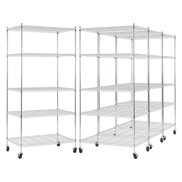 Proregal Metallregal 4er Set Gitterregal HADES mit Rollen - H x B x T: 180 x 90 x 60 cm, Traglast pro Boden: 75 kg, Anzahl Böden: 5 Stk., Stecken, Chrom Silber - Zwei modulare Drahtregaleinheiten aus Chrom mit mehreren Regalböden, ausgestattet mit Rollen für Mobilität.