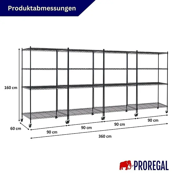 Proregal Metallregal 4er Set Gitterregal HADES mit Rollen - H x B x T: 160 x 90 x 60 cm, Traglast pro Boden: 75 kg, Anzahl Böden: 4 Stk., Stecken, Schwarz - Schwarzes Metallgitterregal auf Rollen, mit mehreren Abschnitten und Regalböden für umfassende Lagerung.