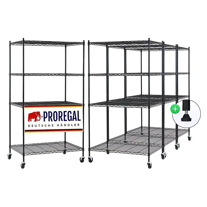 Proregal Metallregal 4er Set Gitterregal HADES mit Rollen - H x B x T: 160 x 90 x 60 cm, Traglast pro Boden: 75 kg, Anzahl Böden: 4 Stk., Stecken, Schwarz - Modulare schwarze Drahtregale mit Rollen und verstellbaren Füßen für vielseitige Lagerung.