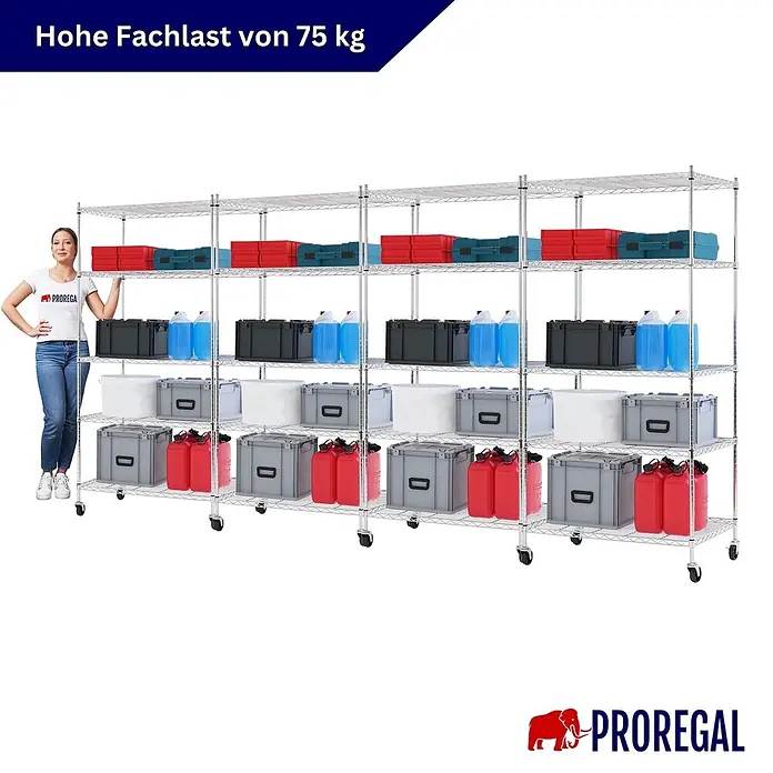 Proregal Metallregal 4er Set Gitterregal HADES mit Rollen - H x B x T: 180 x 90 x 60 cm, Traglast pro Boden: 75 kg, Anzahl Böden: 5 Stk., Stecken, Chrom Silber - Großes verchromtes Regal auf Rollen mit fünf Ebenen, im Maßstab zu einer Person gezeigt. Jede Ablage trägt 75 kg.