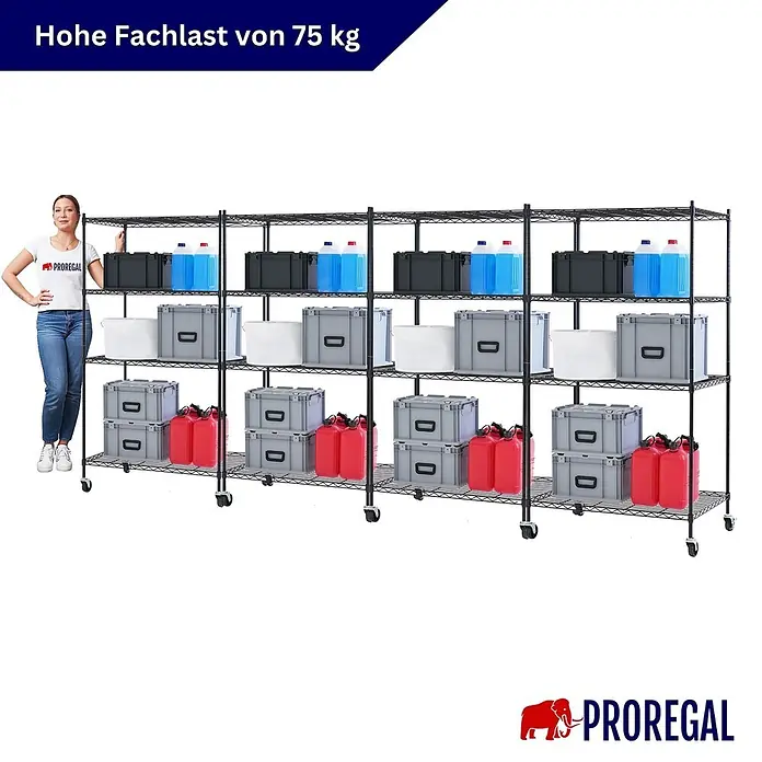 Proregal Metallregal 4er Set Gitterregal HADES mit Rollen - H x B x T: 160 x 90 x 60 cm, Traglast pro Boden: 75 kg, Anzahl Böden: 4 Stk., Stecken, Schwarz - Großes schwarzes Drahtregal auf Rollen mit Lagerartikeln, zeigt 75 kg Fachlast und Größenverhältnis mit Person.