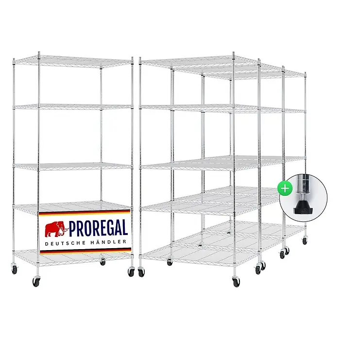 Proregal Metallregal 4er Set Gitterregal HADES mit Rollen - H x B x T: 180 x 90 x 60 cm, Traglast pro Boden: 75 kg, Anzahl Böden: 5 Stk., Stecken, Chrom Silber - Verchromte Drahtregaleinheiten, teils auf Rollen, teils mit Nivellierfüßen.