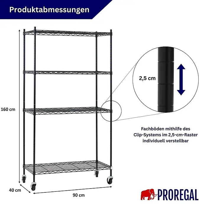 Proregal Metallregal Gitterregal HADES mit Rollen - H x B x T: 160 x 90 x 40 cm, Traglast pro Boden: 75 kg, Anzahl Böden: 4 Stk., Stecken, Schwarz - Schwarzes Metall-Drahtregal mit 4 verstellbaren Böden und Rollen. Maße: 160x90x40 cm (HxBxT).