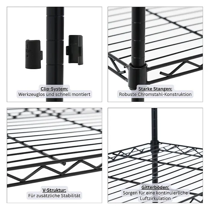 Proregal Metallregal Gitterregal HADES mit Rollen - H x B x T: 160 x 60 x 40 cm, Traglast pro Boden: 75 kg, Anzahl Böden: 6 Stk., Stecken, Schwarz - Details einer schwarzen Metallregaleinheit: werkzeugloses Clip-System, robuste Chromstahlstangen, V-Struktur für Stabilität, Gitterböden für Luftzirkulation.