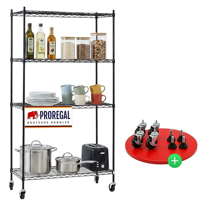 Proregal Metallregal Gitterregal HADES mit Rollen - H x B x T: 160 x 90 x 40 cm, Traglast pro Boden: 75 kg, Anzahl Böden: 4 Stk., Stecken, Schwarz - Fünfstufiges schwarzes Metallregal auf Rollen, mit Küchenutensilien. Inklusive optionaler Nivellierfüße.