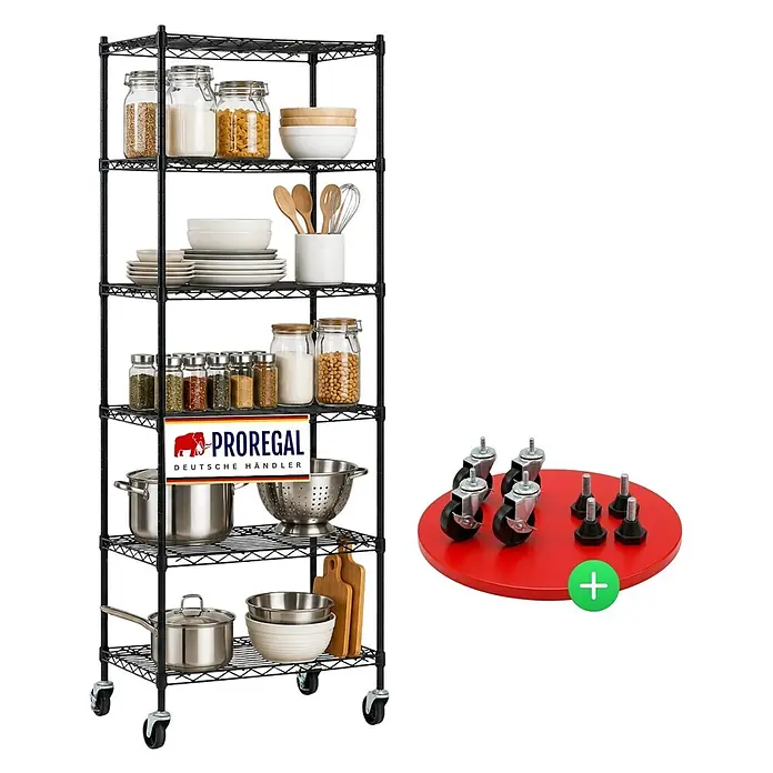 Proregal Metallregal Gitterregal HADES mit Rollen - H x B x T: 160 x 60 x 40 cm, Traglast pro Boden: 75 kg, Anzahl Böden: 6 Stk., Stecken, Schwarz - Schwarz, 7-stöckiges Metallgitterregal mit Küchenutensilien und roter Basis mit Rollen und Nivellierfüßen.