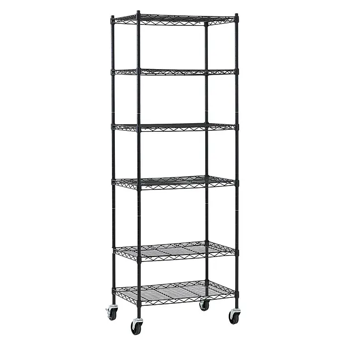 Proregal Metallregal Gitterregal HADES mit Rollen - H x B x T: 160 x 60 x 40 cm, Traglast pro Boden: 75 kg, Anzahl Böden: 6 Stk., Stecken, Schwarz - Schwarzes Metall-Drahtregal mit 6 Ablagen und Rollen.