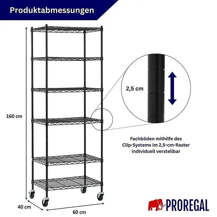 Proregal Metallregal Gitterregal HADES mit Rollen - H x B x T: 160 x 60 x 40 cm, Traglast pro Boden: 75 kg, Anzahl Böden: 6 Stk., Stecken, Schwarz - Schwarzes Metallregal auf Rollen, 160x60x40 cm, Fachböden im 2,5-cm-Raster verstellbar.