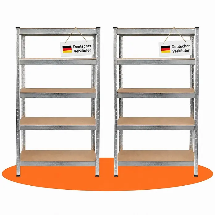 Ondis24 Metallregal - Traglast pro Boden: 70 kg, Anzahl Böden: 5 Stk., Stecken - Zwei leere verzinkte Stahlregale mit je fünf Holzablagen und "Deutscher Verkäufer" Schildern.