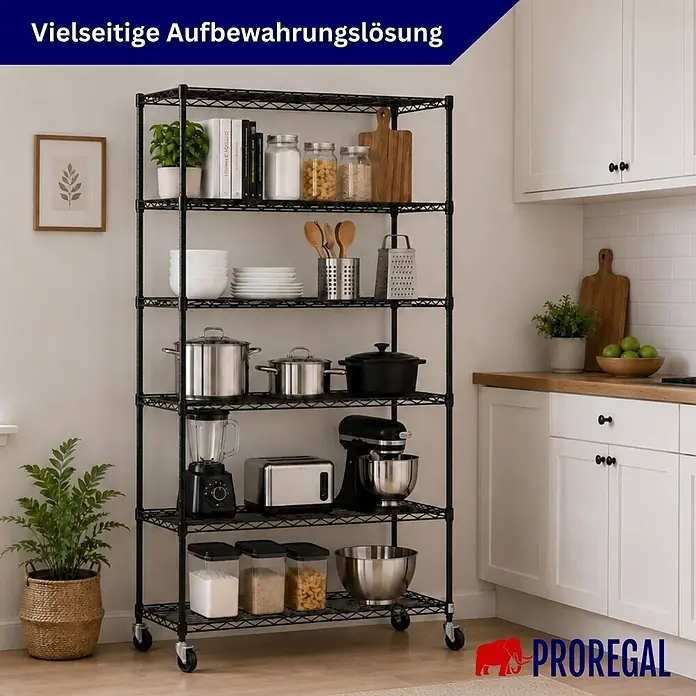 Proregal Metallregal 2er Set Gitterregal HADES mit Rollen - H x B x T: 160 x 90 x 40 cm, Traglast pro Boden: 75 kg, Anzahl Böden: 6 Stk., Stecken, Schwarz - Schwarzes Drahtregal auf Rollen, mit Küchenutensilien in einer modernen Küche organisiert, vielseitige Aufbewahrungslösung.