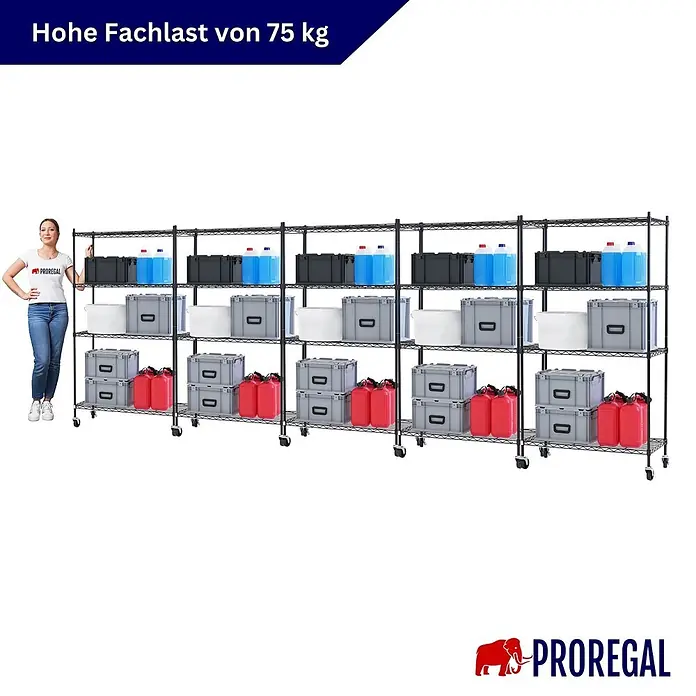 Proregal Metallregal 5er Set Gitterregal HADES mit Rollen - H x B x T: 160 x 90 x 40 cm, Traglast pro Boden: 75 kg, Anzahl Böden: 4 Stk., Stecken, Schwarz - Großes schwarzes Drahtregal auf Rollen, mehrstufig und mit Lagerartikeln gefüllt. Eine Frau steht daneben zur Größenordnung.