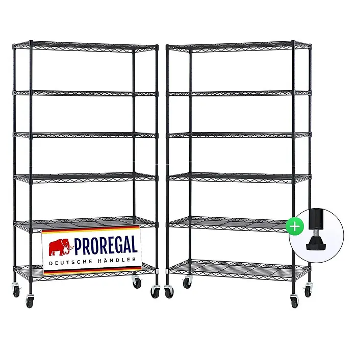 Proregal Metallregal 2er Set Gitterregal HADES mit Rollen - H x B x T: 160 x 90 x 40 cm, Traglast pro Boden: 75 kg, Anzahl Böden: 6 Stk., Stecken, Schwarz - Zwei schwarze Drahtregale, je mit 5 Böden, auf Rollen. Eine Option für verstellbare Nivellierfüße ist enthalten.