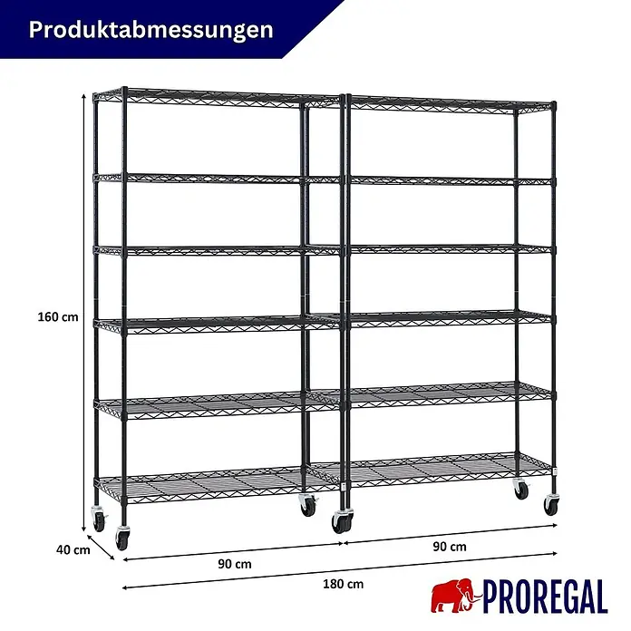 Proregal Metallregal 2er Set Gitterregal HADES mit Rollen - H x B x T: 160 x 90 x 40 cm, Traglast pro Boden: 75 kg, Anzahl Böden: 6 Stk., Stecken, Schwarz - Schwarzes doppeltes Drahtregal mit 5 Regalböden und Rollen. Maße: 180 cm B x 160 cm H x 40 cm T.