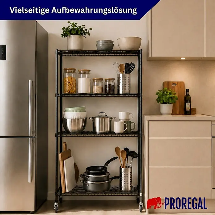 Proregal Metallregal 5er Set Gitterregal HADES mit Rollen - H x B x T: 160 x 90 x 40 cm, Traglast pro Boden: 75 kg, Anzahl Böden: 4 Stk., Stecken, Schwarz - Schwarzes Metallregal auf Rollen, bietet vielseitigen Stauraum in der Küche.