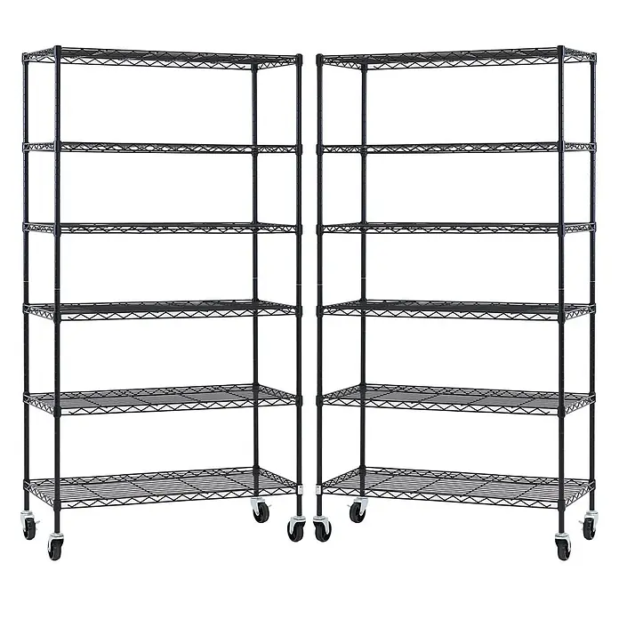 Proregal Metallregal 2er Set Gitterregal HADES mit Rollen - H x B x T: 160 x 90 x 40 cm, Traglast pro Boden: 75 kg, Anzahl Böden: 6 Stk., Stecken, Schwarz - Zwei schwarze Drahtregaleinheiten mit je 6 verstellbaren Böden und Rollen für Mobilität.