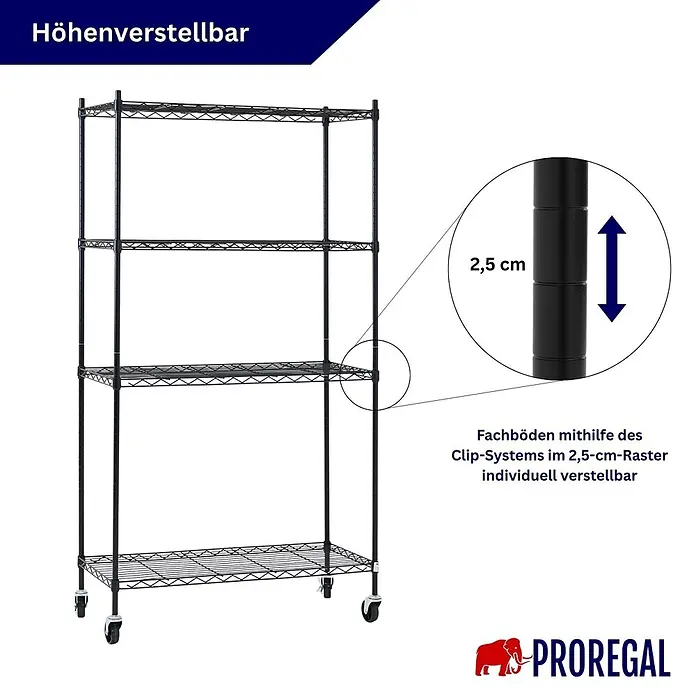 Proregal Metallregal 5er Set Gitterregal HADES mit Rollen - H x B x T: 160 x 90 x 40 cm, Traglast pro Boden: 75 kg, Anzahl Böden: 4 Stk., Stecken, Schwarz - Schwarzes Drahtregal auf Rollen mit vier höhenverstellbaren Fachböden im 2,5-cm-Raster-Clip-System.