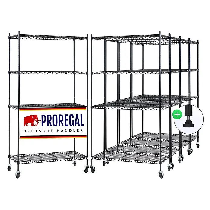 Proregal Metallregal 5er Set Gitterregal HADES mit Rollen - H x B x T: 160 x 90 x 40 cm, Traglast pro Boden: 75 kg, Anzahl Böden: 4 Stk., Stecken, Schwarz - Schwarzes L-förmiges Metallgitterregal mit Lenkrollen und verstellbaren Füßen.