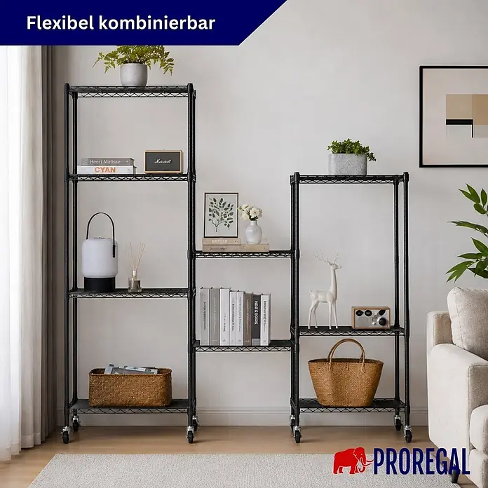 Proregal Metallregal 2er Set Gitterregal HADES mit Rollen - H x B x T: 160 x 90 x 40 cm, Traglast pro Boden: 75 kg, Anzahl Böden: 6 Stk., Stecken, Schwarz - Zwei flexible, schwarze Drahtregale auf Rollen, vielseitig einsetzbar zur Aufbewahrung und Präsentation im Wohnzimmer.