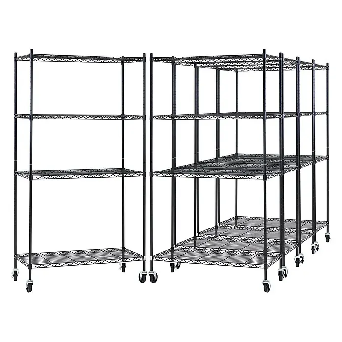 Proregal Metallregal 5er Set Gitterregal HADES mit Rollen - H x B x T: 160 x 90 x 40 cm, Traglast pro Boden: 75 kg, Anzahl Böden: 4 Stk., Stecken, Schwarz - Schwarzes L-förmiges Drahtregal aus Metall mit mehreren Böden und Rollen.