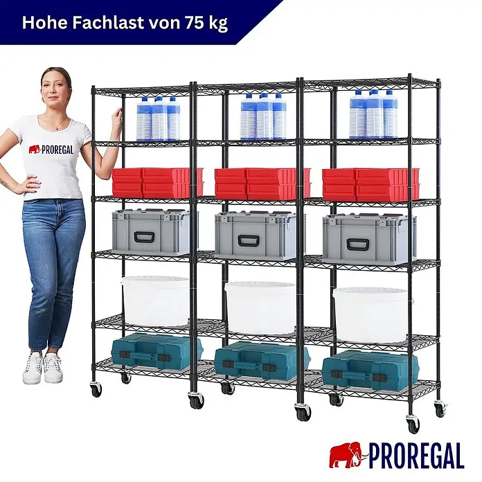 Proregal Metallregal 3er Set Gitterregal HADES mit Rollen - H x B x T: 160 x 60 x 40 cm, Traglast pro Boden: 75 kg, Anzahl Böden: 6 Stk., Stecken, Schwarz - Schwarzes Metall-Drahtregal mit 6 Ebenen, gefüllt mit Boxen und Flüssigkeiten, mit einer Frau daneben, die die Größe zeigt.