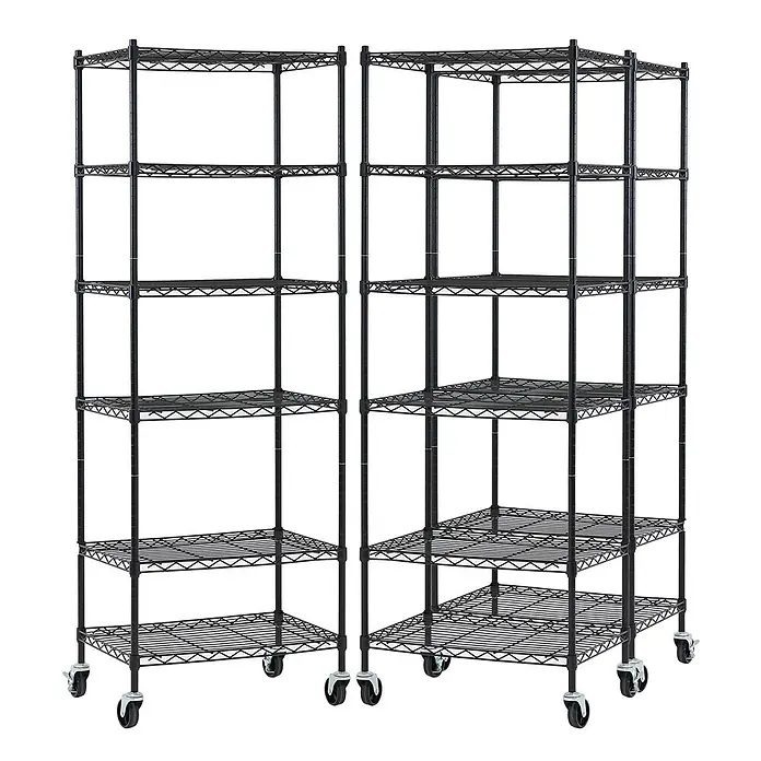 Proregal Metallregal 3er Set Gitterregal HADES mit Rollen - H x B x T: 160 x 60 x 40 cm, Traglast pro Boden: 75 kg, Anzahl Böden: 6 Stk., Stecken, Schwarz - Zwei schwarze Drahtregaleinheiten auf Rollen: eine rechteckige und eine Eck-Einheit.