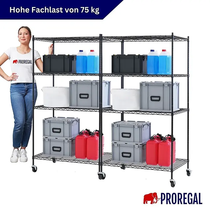 Proregal Metallregal 2er Set Gitterregal HADES mit Rollen - H x B x T: 160 x 90 x 60 cm, Traglast pro Boden: 75 kg, Anzahl Böden: 4 Stk., Stecken, Schwarz - Schwarzes Metallgitterregal mit 75 kg Traglast pro Boden, eine Frau daneben zeigt die Größe und Beladung.
