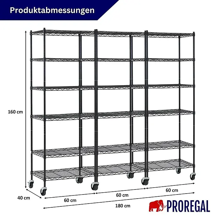 Proregal Metallregal 3er Set Gitterregal HADES mit Rollen - H x B x T: 160 x 60 x 40 cm, Traglast pro Boden: 75 kg, Anzahl Böden: 6 Stk., Stecken, Schwarz - Mobiles schwarzes Metallregal auf Rollen mit mehreren Ablagen.