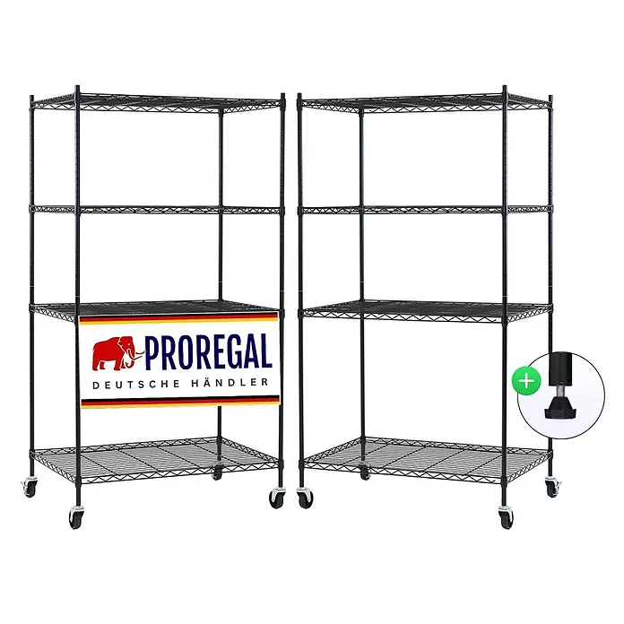 Proregal Metallregal 2er Set Gitterregal HADES mit Rollen - H x B x T: 160 x 90 x 60 cm, Traglast pro Boden: 75 kg, Anzahl Böden: 4 Stk., Stecken, Schwarz - Zwei schwarze Drahtregale mit Rollen und eine Detailansicht verstellbarer Füße.