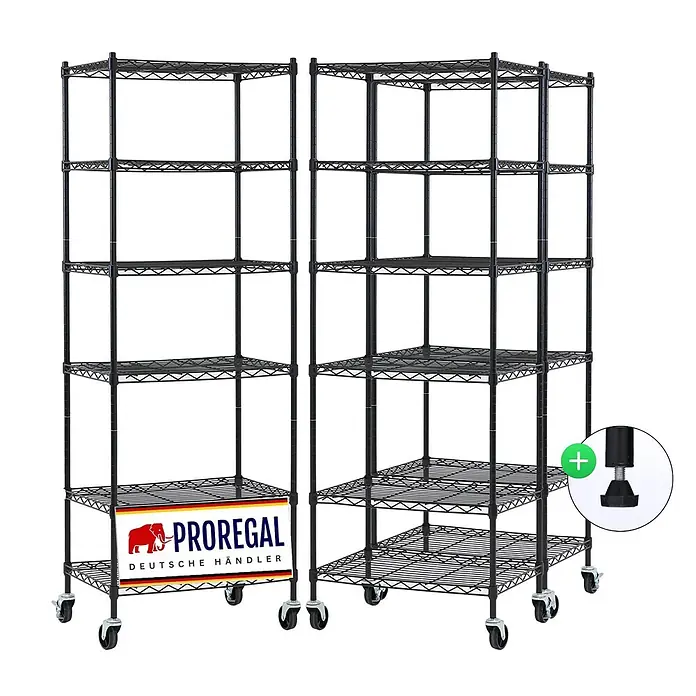 Proregal Metallregal 3er Set Gitterregal HADES mit Rollen - H x B x T: 160 x 60 x 40 cm, Traglast pro Boden: 75 kg, Anzahl Böden: 6 Stk., Stecken, Schwarz - Zwei schwarze Drahtregale mit mehreren Ablagen, ausgestattet mit Rollen und verstellbaren Füßen.