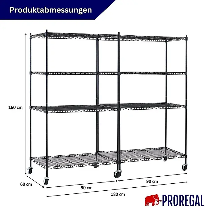Proregal Metallregal 2er Set Gitterregal HADES mit Rollen - H x B x T: 160 x 90 x 60 cm, Traglast pro Boden: 75 kg, Anzahl Böden: 4 Stk., Stecken, Schwarz - Schwarzes Metallregal auf Rollen mit vier Böden. Maße: 160 H, 180 B, 60 T cm.