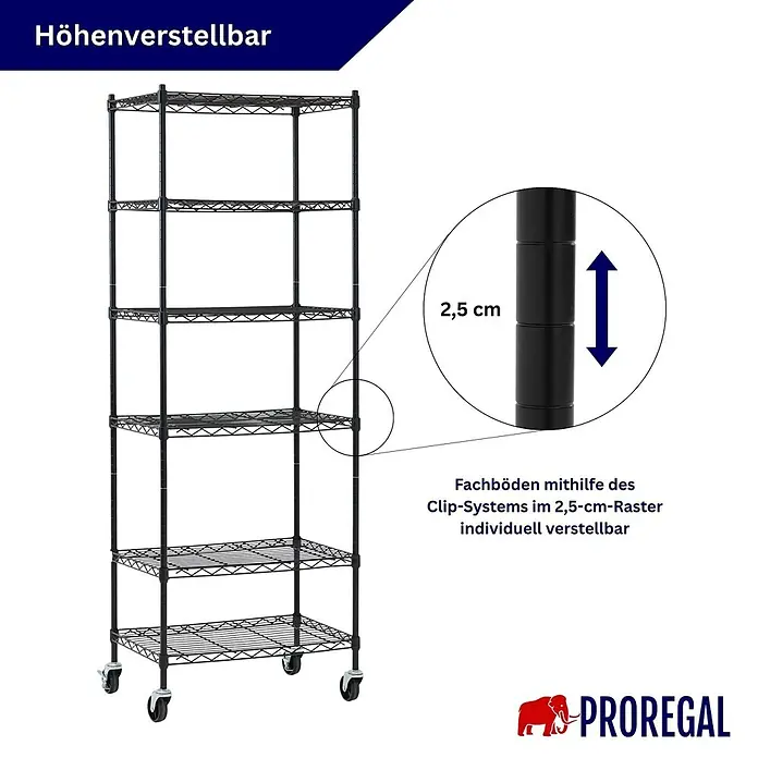Proregal Metallregal 3er Set Gitterregal HADES mit Rollen - H x B x T: 160 x 60 x 40 cm, Traglast pro Boden: 75 kg, Anzahl Böden: 6 Stk., Stecken, Schwarz - Schwarzes Metallregal mit 7 höhenverstellbaren Fachböden im 2,5-cm-Raster und Rollen.