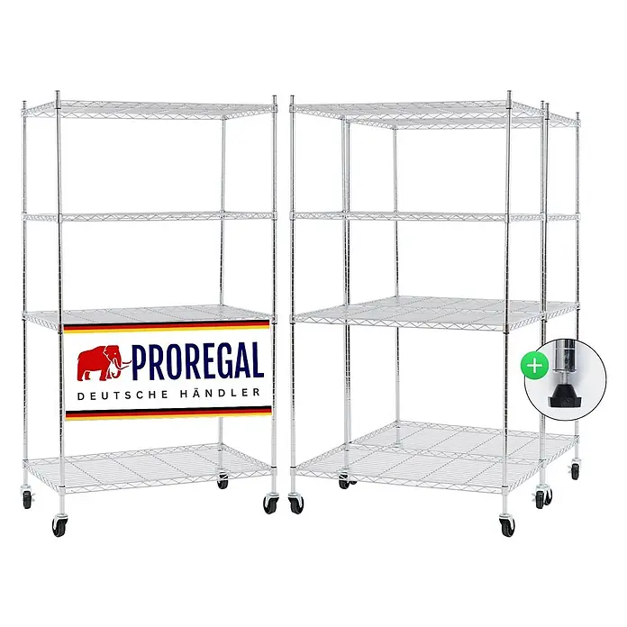 Proregal Metallregal 3er Set Gitterregal HADES mit Rollen - H x B x T: 160 x 90 x 60 cm, Traglast pro Boden: 75 kg, Anzahl Böden: 4 Stk., Stecken, Chrom Silber - Zwei verchromte Drahtregale auf Rollen, eines mit Banner, modular für Lagerung. Einsatz zeigt verstellbaren Fuß.